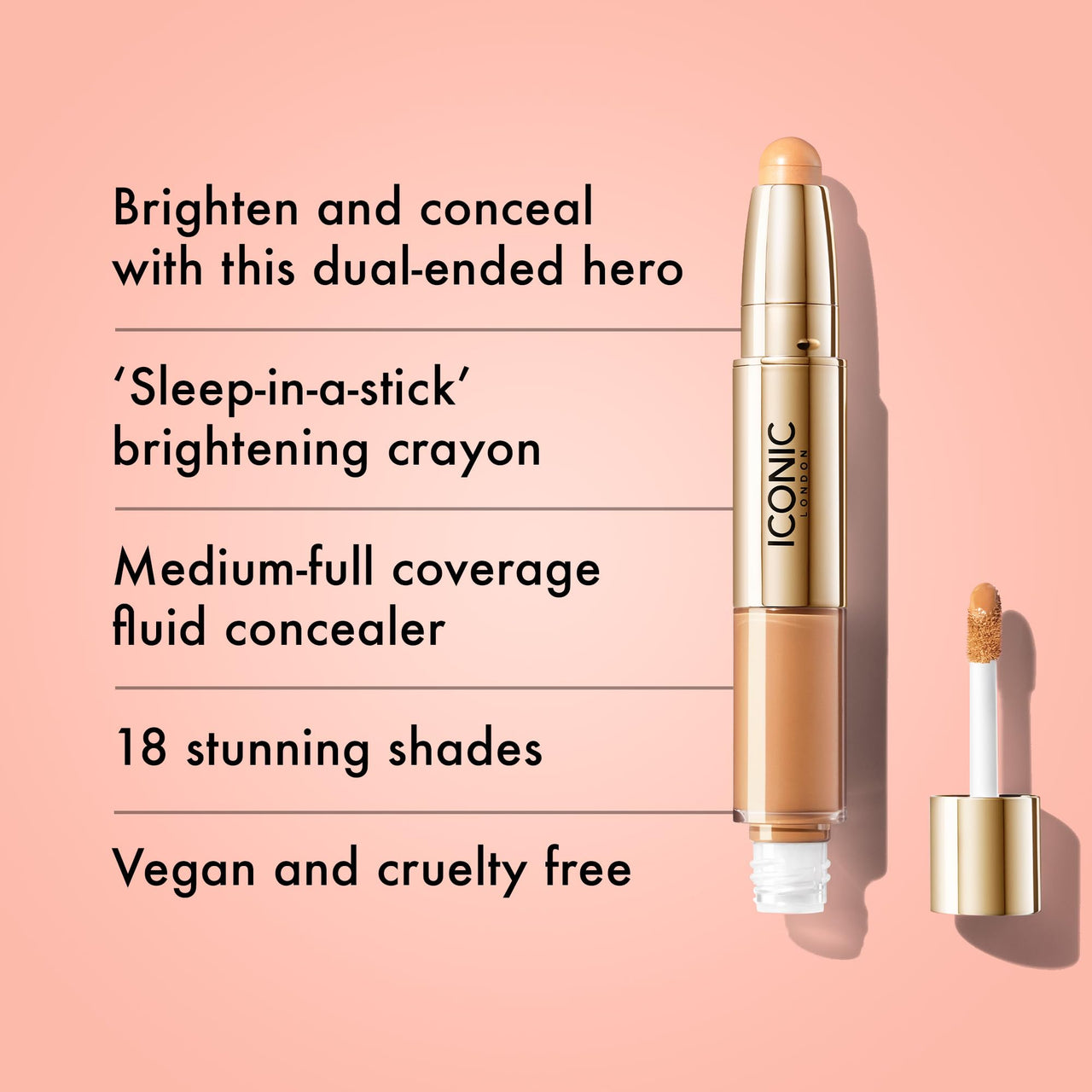 ICONIC LONDON Radiant Concealer & Brightening Duo | Creamy Liquid + Brightening Crayon Dual Ended Concealer, Cruelty Free, Vegan Makeup (Golden Medium) 0.08 oz