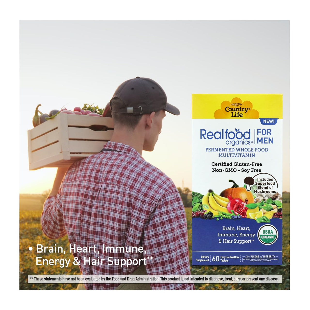 Country Life RealFood Organics for Men – 60 Tablets | 1,300mg Organic Fermented Whole Foods, 7-Mushroom Superfood & Aloe – Certified Gluten-Free, Vegan & USDA Organic Multivitamin