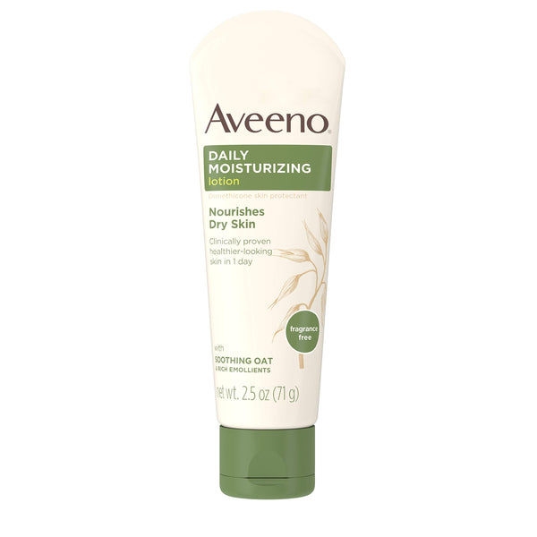 Aveeno Daily Moisturizing Body Lotion with Soothing Oat and Rich Emollients to Nourish Dry Skin, Fragrance-Free, 2.5 fl. oz