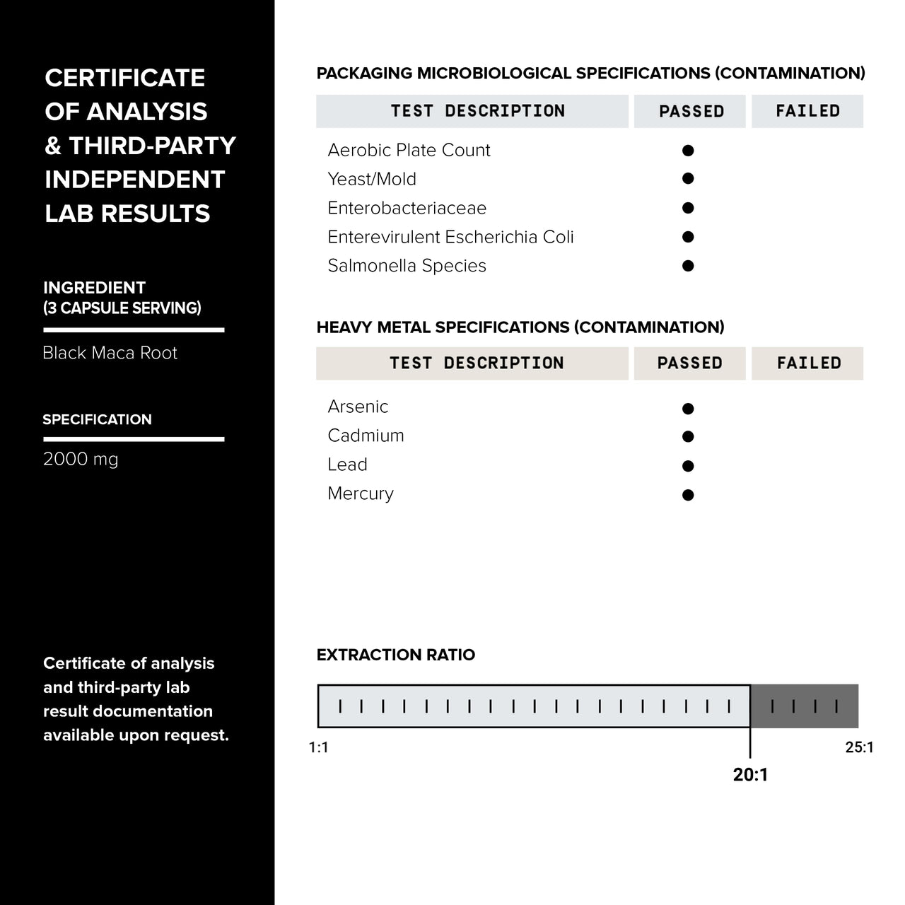 Black Maca Root - Ultra High Potency 20:1 Extract - Single Origin, Wildcrafted & Highly Concentrated - Third-Party Lab Tested - 120 Capsules