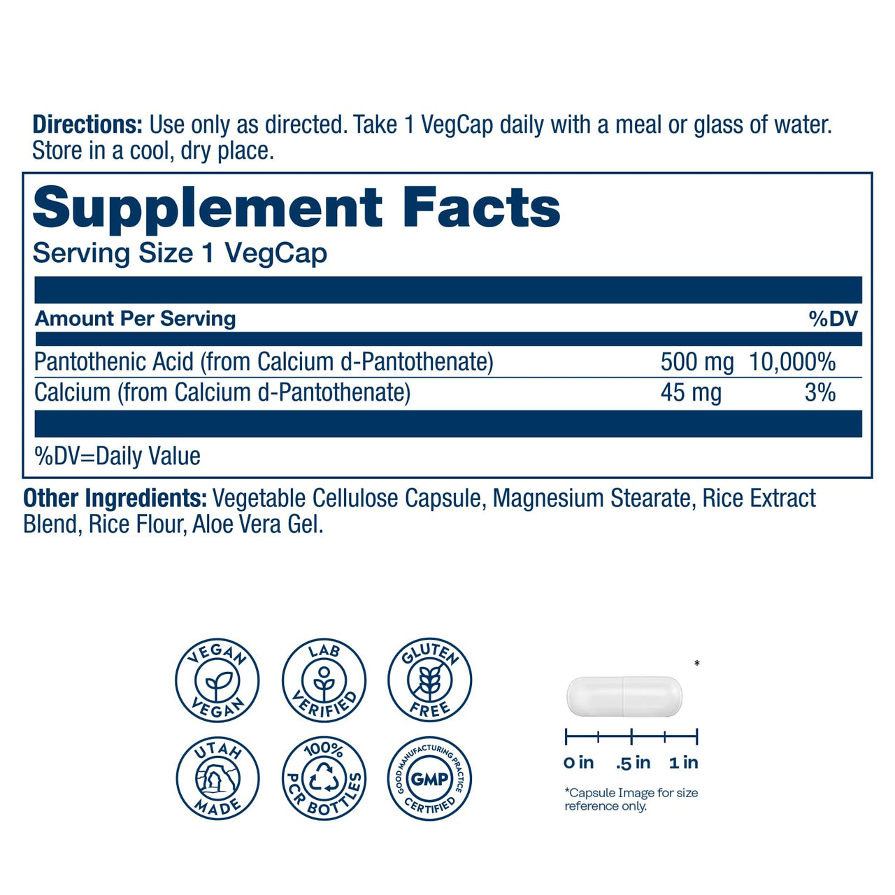 SOLARAY Pantothenic Acid 500mg - Pantothenic Acid Supplement (Vitamin B5) - Essential B Complex Vitamin - Nervous System and Cellular Energy Support - Vegan, Gluten Free, 60-Day Guaratee, 100 Servings