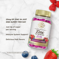 Thumbnail for Solgar Zinc Gummies Adult Vitamin with 25mg Ultra Potency Zinc Citrate for Immune Support - Mixed Fruit Flavor, Vegan, Kosher & Gluten Free Gummy Supplements for Women & Men, 2g Sugar, 60 Servings
