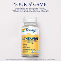 Thumbnail for SOLARAY L-Theanine 200mg with Green Tea - Healthy Mood, Relaxation and Occasional Stress Support - Lab Verified, Vegan, Gluten Free - 45 Servings, 45 VegCaps