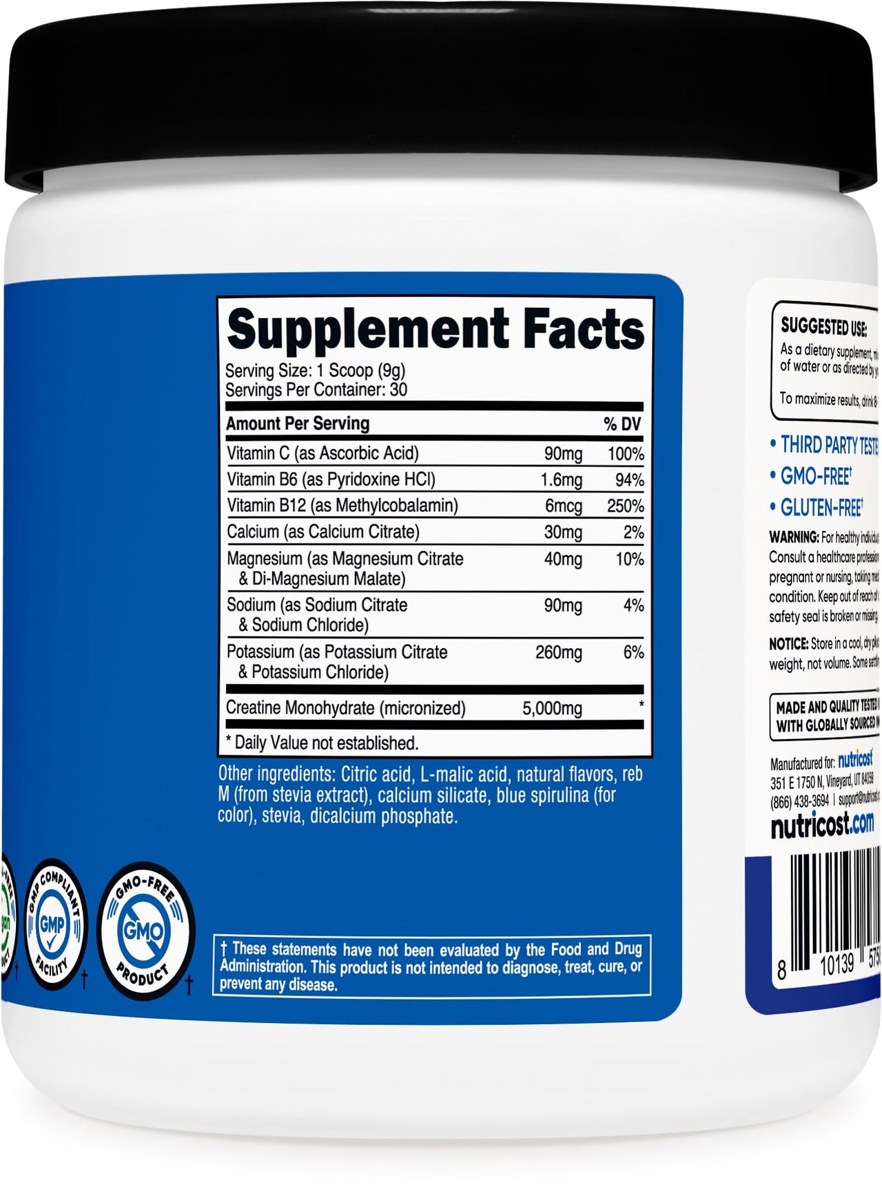 Nutricost Creatine Monohydrate + Hydration Blue Raspberry Flavored (30 Servings) - 7 Vitamins & Minerals, 5000mg of Creatine Per Serving