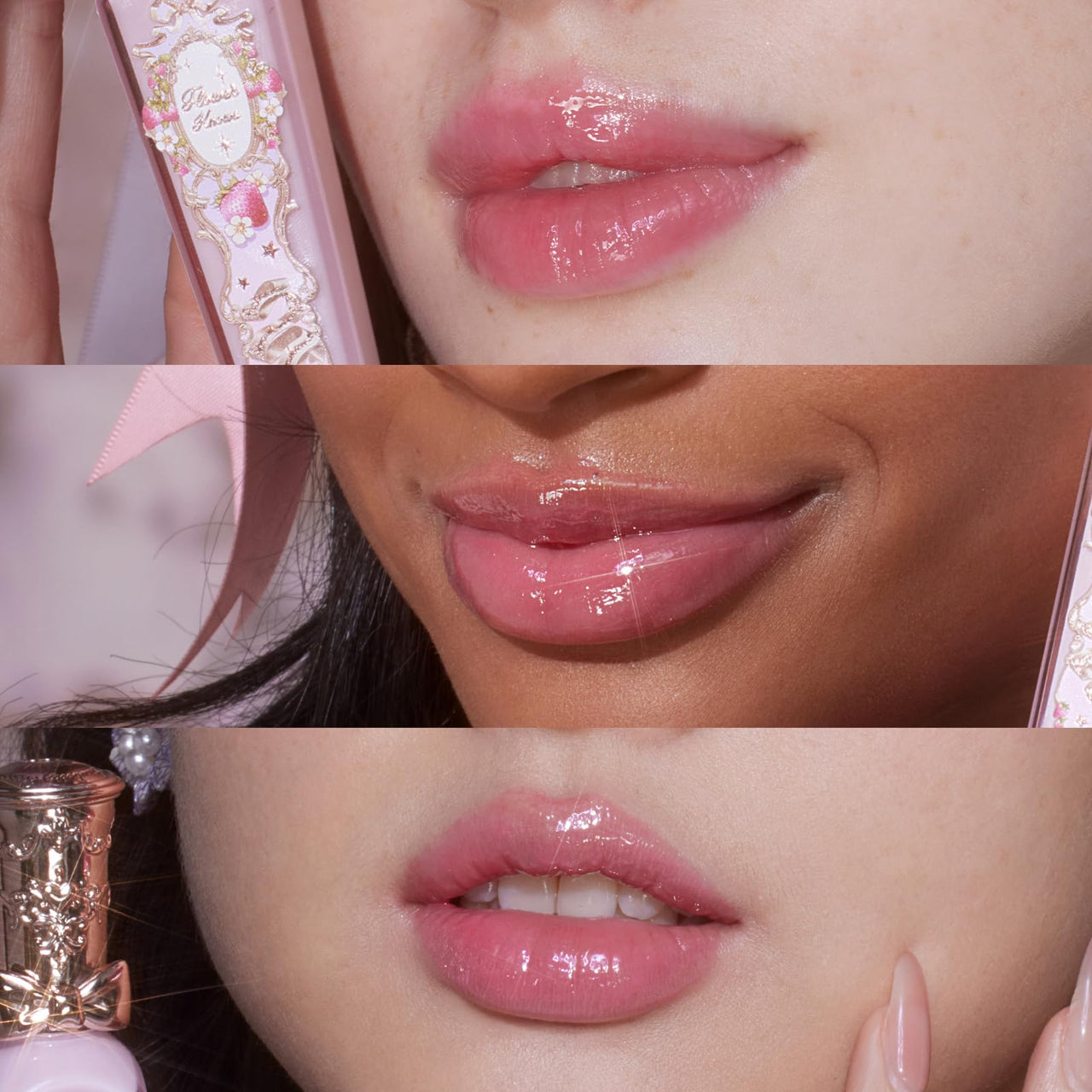 Flower Knows Violet Strawberry Rococo Glowy Lip Gloss,Moisturizing Baby Pink Plumping Lip Oil,Hydrating Lip Tint for Girls&Women,Vegan & Cruelty-Free,0.12 Fl Oz(G01 Strawberry Macaron)