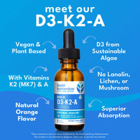 Thumbnail for Bold Botanica Vitamin D3-K2-A Liquid Drops for Adults and Kids â€“ 2500 IU Vegan D3 from Algae with K2 (MK7) & A, 3-in-1 Complex for Immune, Bone & Heart Support, Orange Flavor â€“ 1 FL OZ, 60 Servings