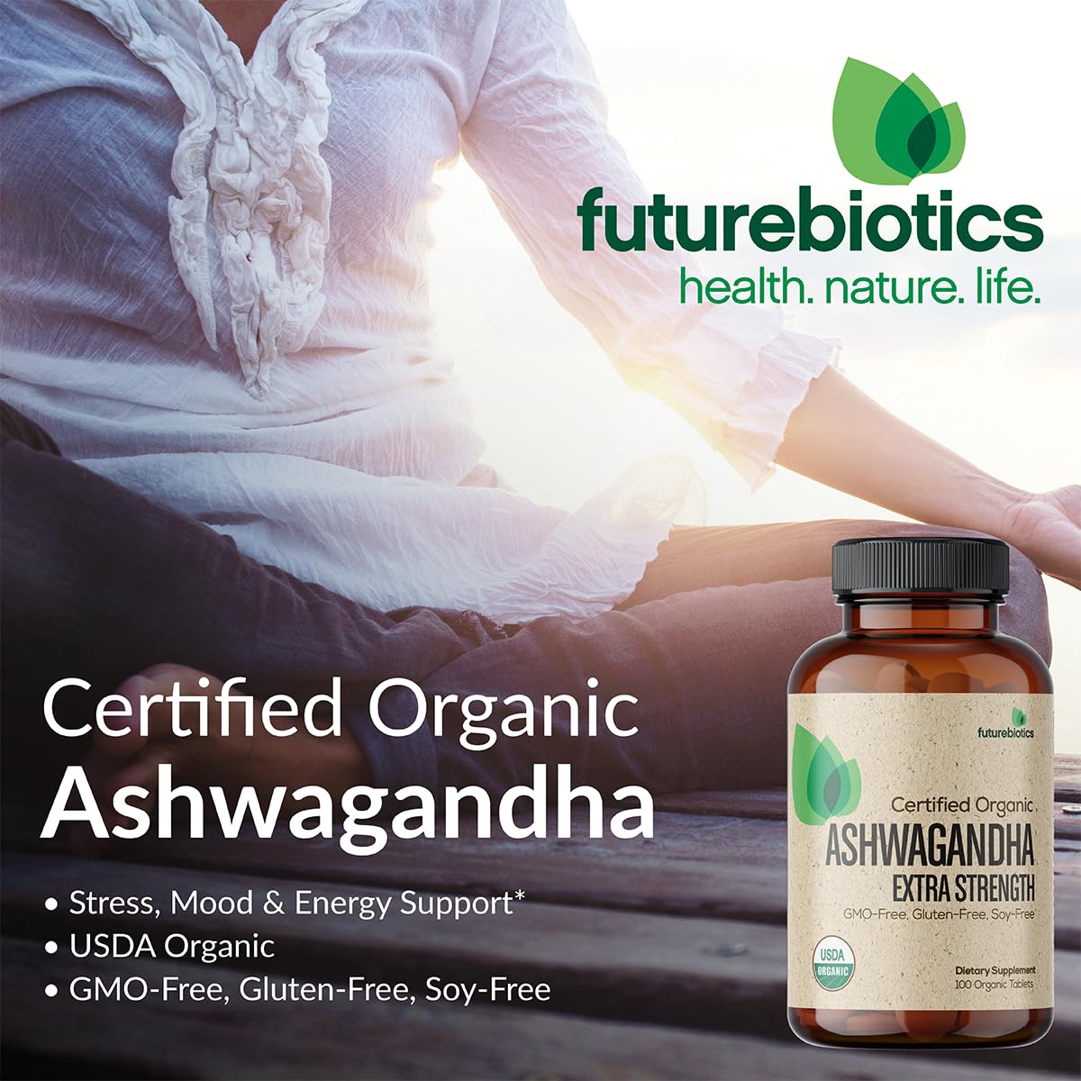 Futurebiotics Certified Organic Ashwagandha Stress Mood & Energy Support Adaptogenic Herb, Non-GMO, 250 Organic Tablets