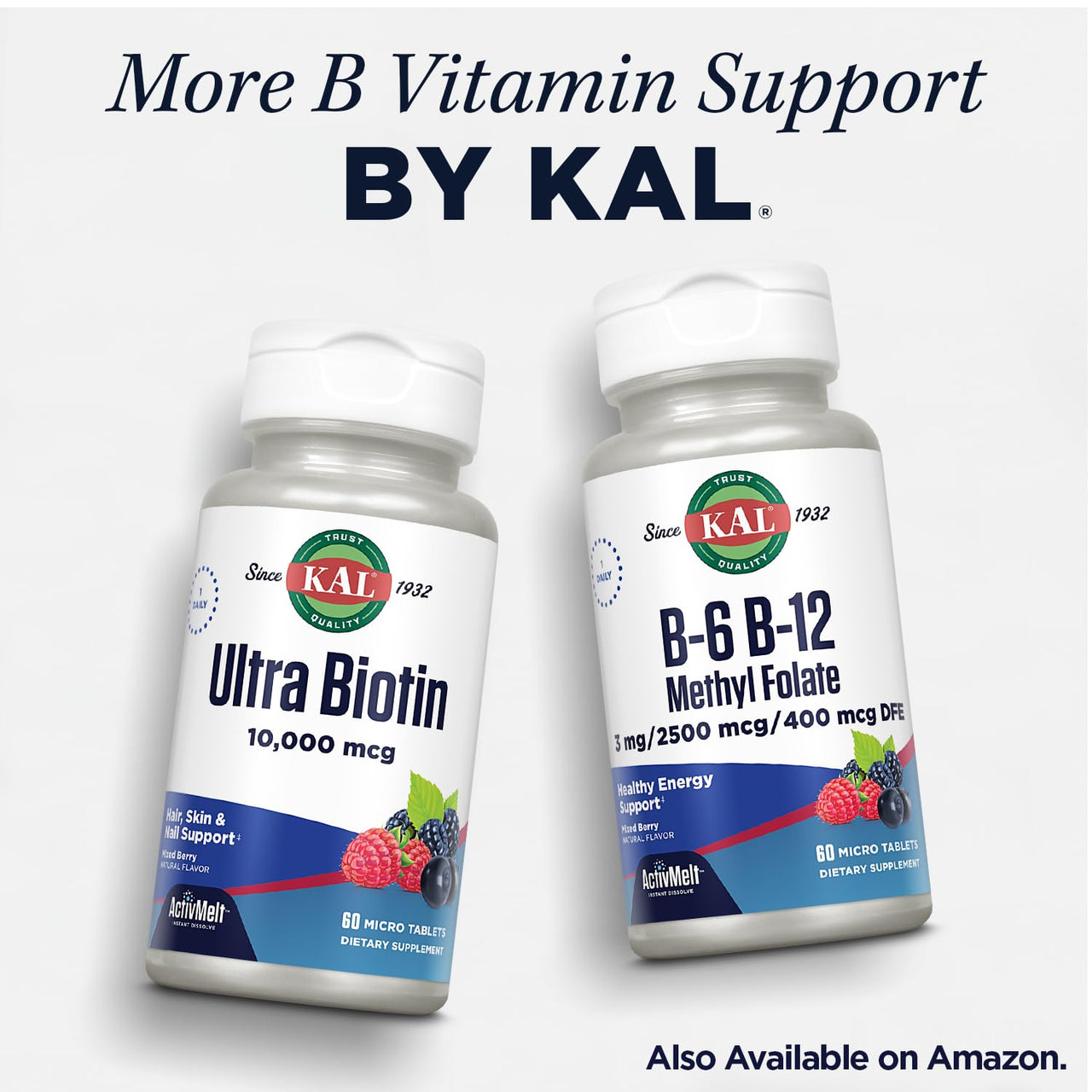 KAL CoEnzyme Vitamin B Complex, Chewable B Vitamins for Healthy Energy, Red Blood Cell and Nerve Function Support w/Vitamin B12, B6, Folic Acid, Natural Cocoa Mint, Vegan, Sugar Free, 30 Serv, 60ct