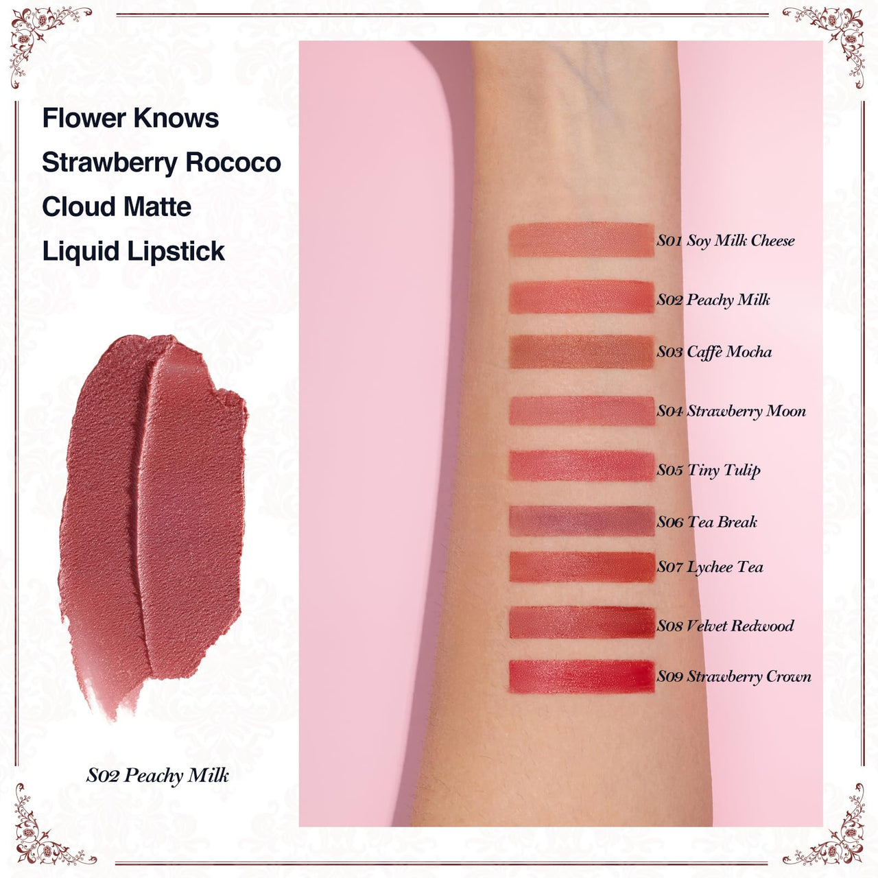 Flower Knows Strawberry Rococo Cloud Lip Cream,Long Lasting Rosy Coral Matte Lipstick,Hydrating Lip Stain,Transfer & Smudge Proof Velvet Liquid Lipstick for Girls&Women,0.12 Fl Oz(S02 Peachy Milk)