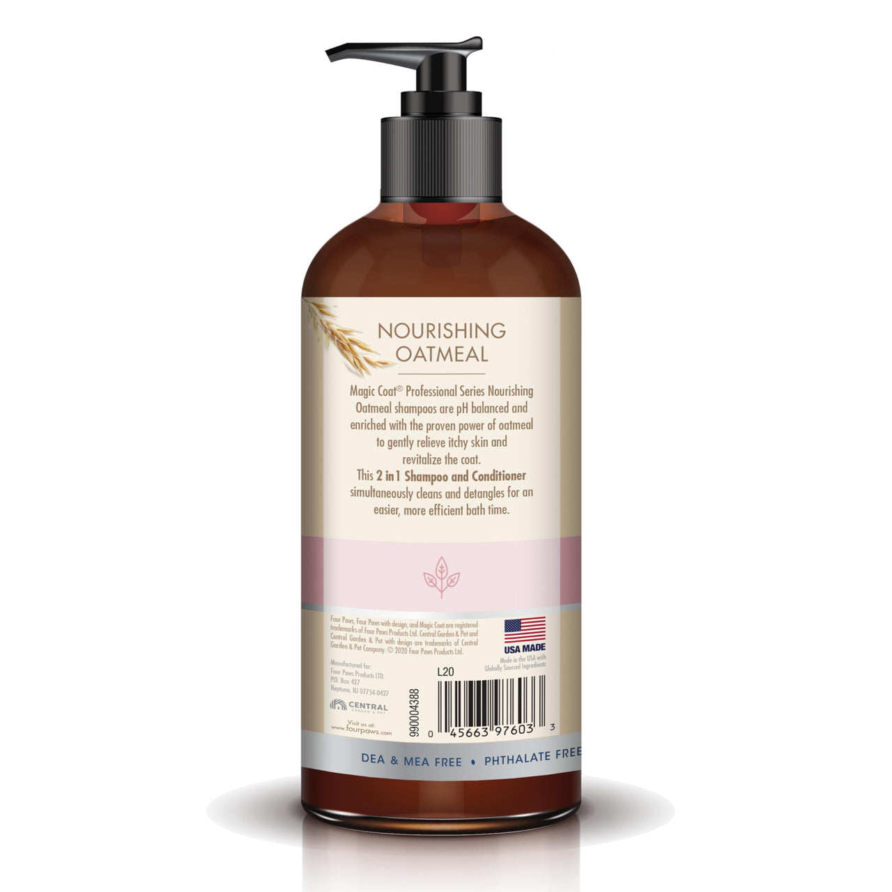 Four Paws Magic Coat Professional Series Nourishing Oatmeal 2-in-1 Detangling Dog Shampoo and Conditioner, Paraben & Sulfate Free Dog Wash, Almond Vanilla Scent, 16 Ounce