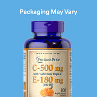 Thumbnail for Puritan's Pride Premium Vitamin C-500mg with Rose HIPS and Vitamin E-400, Supplement for Antioxidant, Heart, Circulatory, and Immune System Support, 100 Rapid Release Softgels
