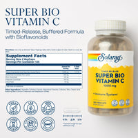 Thumbnail for Solaray Super Bio Vitamin C 1000mg, Buffered, Time Release Capsules with Bioflavonoids, Two-Stage for High Absorption & All Day Immune Support, Vegan, 60 Day Guarantee, 125 Servings, 250 VegCaps