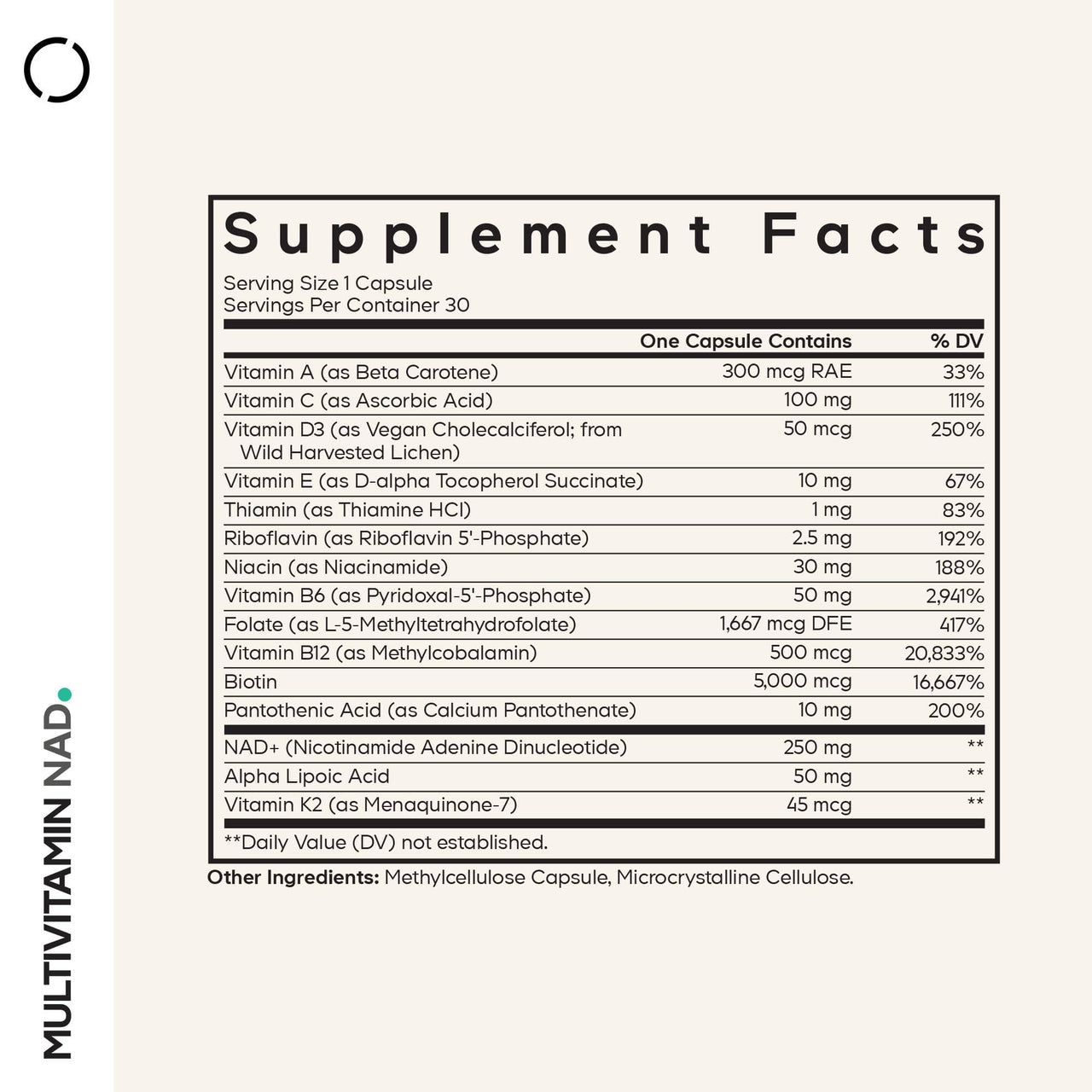 Codeage Multivitamin NAD Supplement - NAD+ Energy & Healthy Aging Support - Vitamin D3 K2, P5P, Methylated B12, Alpha Lipoic Acid, Folate, Riboflavin, Biotin, B Complex Pills - Non-GMO - 30 Capsules