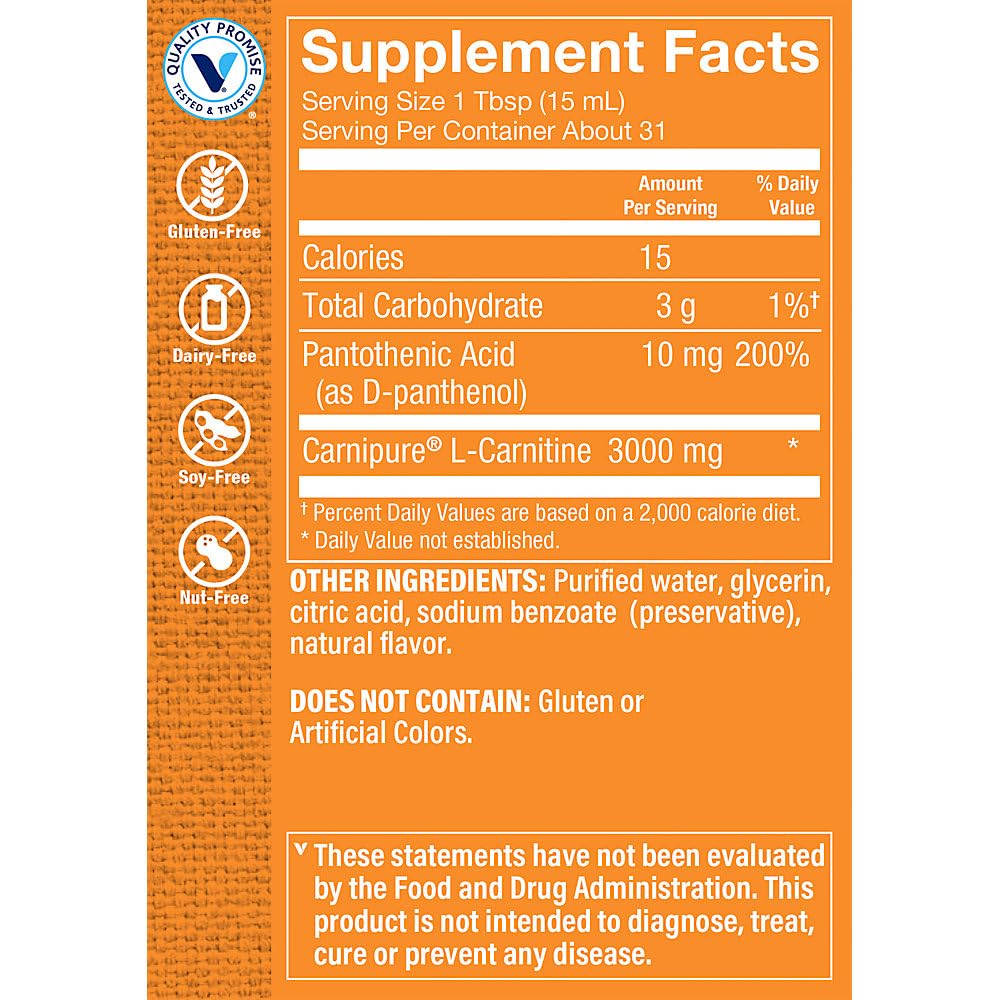 The Vitamin Shoppe L-Carnitine Liquid 3000mg - Fat Metabolism & Energy Boost | Amino Acid Supplement | 16 oz Raspberry | Sugar-Free