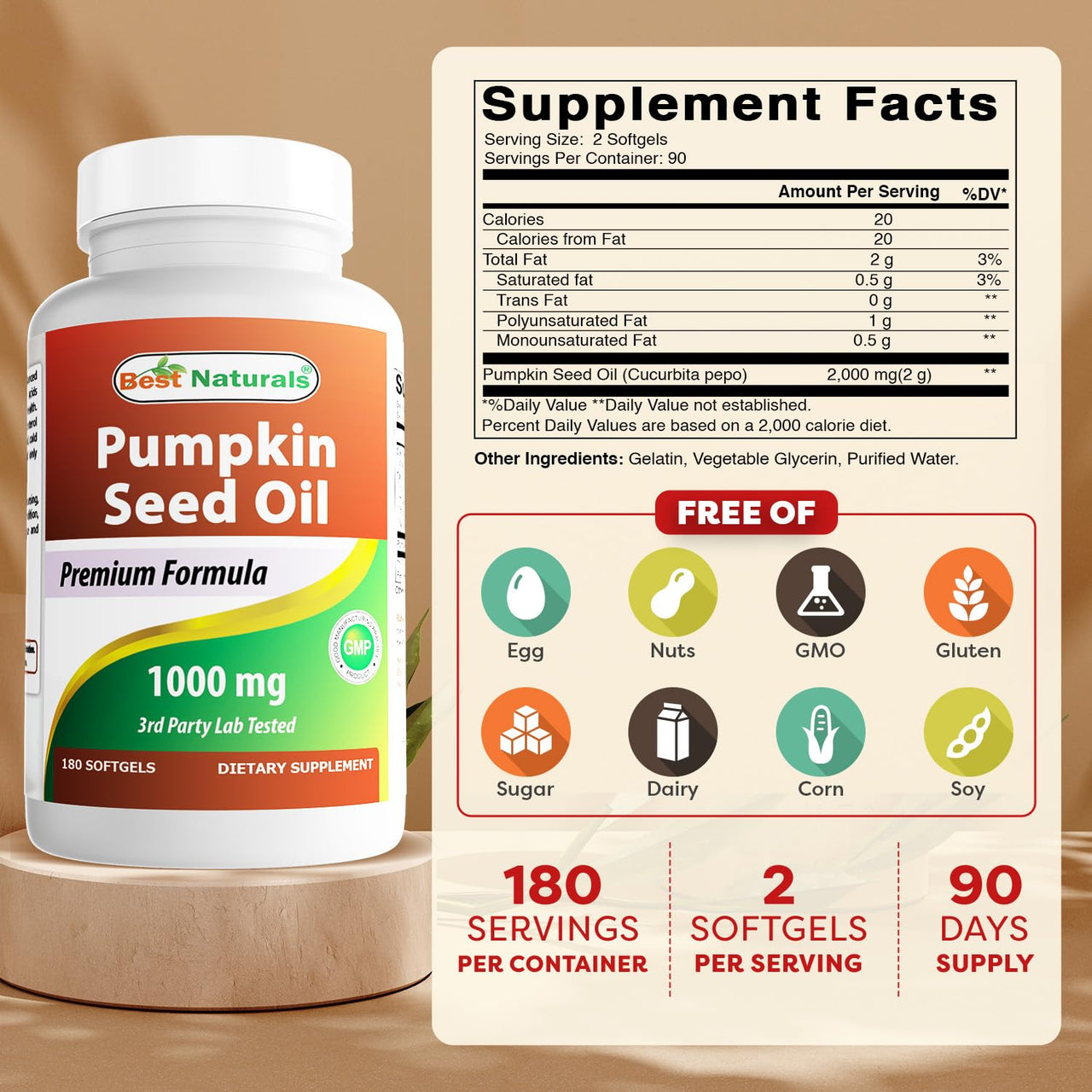 Best Naturals Pumpkin Seed Oil Bladder Control 1000 mg 180 Softgels