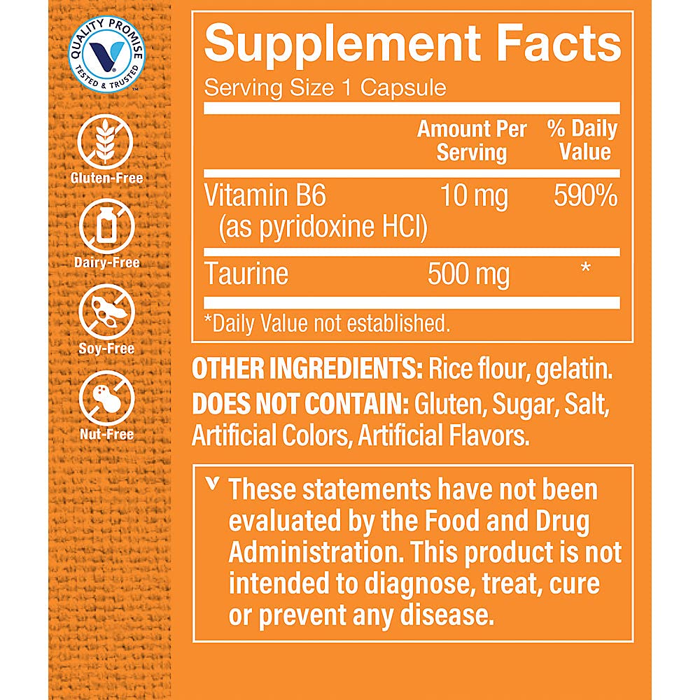The Vitamin Shoppe Taurine 500mg with B6 - Cardiovascular & Antioxidant Support | Free-Form Amino Acid | 300 Capsules | Cellular Health