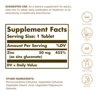 Thumbnail for Solgar Zinc 50 mg, 100 Tablets - Zinc for Healthy Skin, Taste & Vision - Immune System & Antioxidant Support - Supports Cell Growth & DNA Formation - Non GMO, Vegan, Gluten Free - 100 Servings