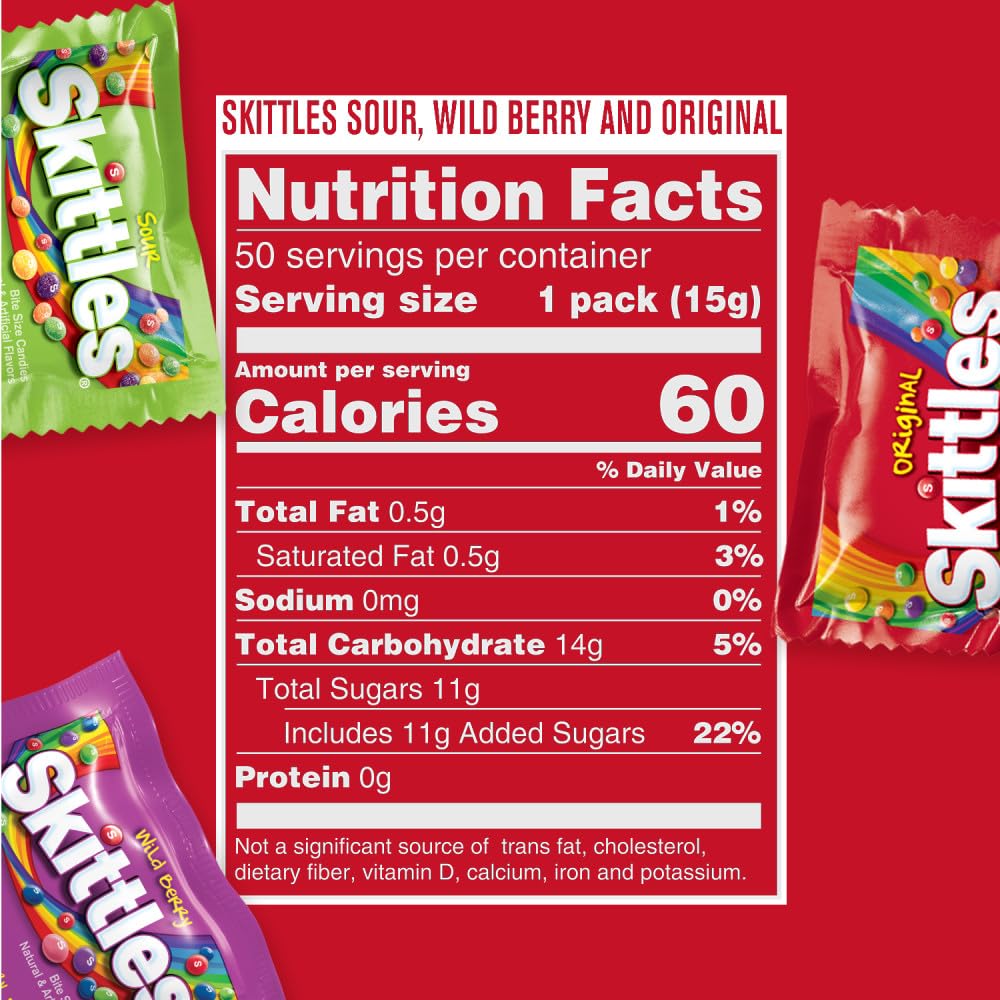 Wrigley's Skittles Fun Size Original, Wild Berry, and Sour Chewy Individually Wrapped Stocking Stuffers Christmas Candy Variety Pack, 26.46 Oz Bulk Bag