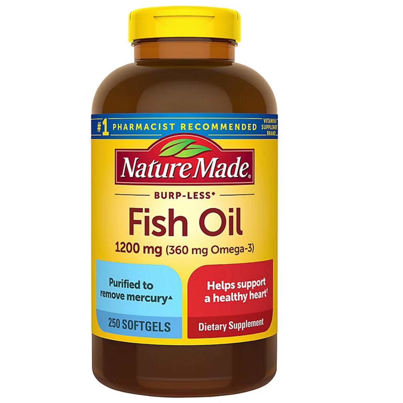 Nature Made Burp-less Fish Oil, 1200 Mg, 360 mg Omega-3, 250 Liquid Softgels