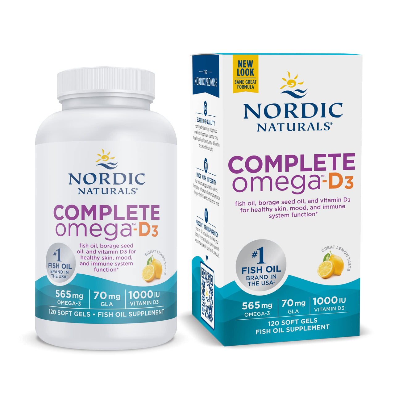 Nordic Naturals Complete Omega-D3, Lemon Flavor - 120 Soft Gels - 565 mg Omega-3 + 70 mg GLA + 1000 IU Vitamin D3 - EPA & DHA - Healthy Skin, Cognition, Positive Mood - Non-GMO - 60 Servings