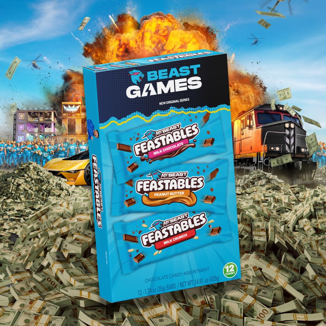 Feastables Beast Games Chocolate Bar Box, Milk Chocolate, Crunch, & Peanut Butter Bars, Full Size Candy Bars for Adults & Kids, Candy Bars for Snacks & Gifts, Fairtrade Cocoa, 1.24 Oz Each, 12 Count