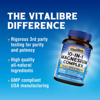 Thumbnail for Vitalibre 10 in 1 Magnesium Complex, 420mg Elemental Magnesium | Ultra Strength, Max Absorption | Chelated Magnesium Supplement for Nerves, Bone & Heart Health | Non-GMO, 120 Vegan Capsules