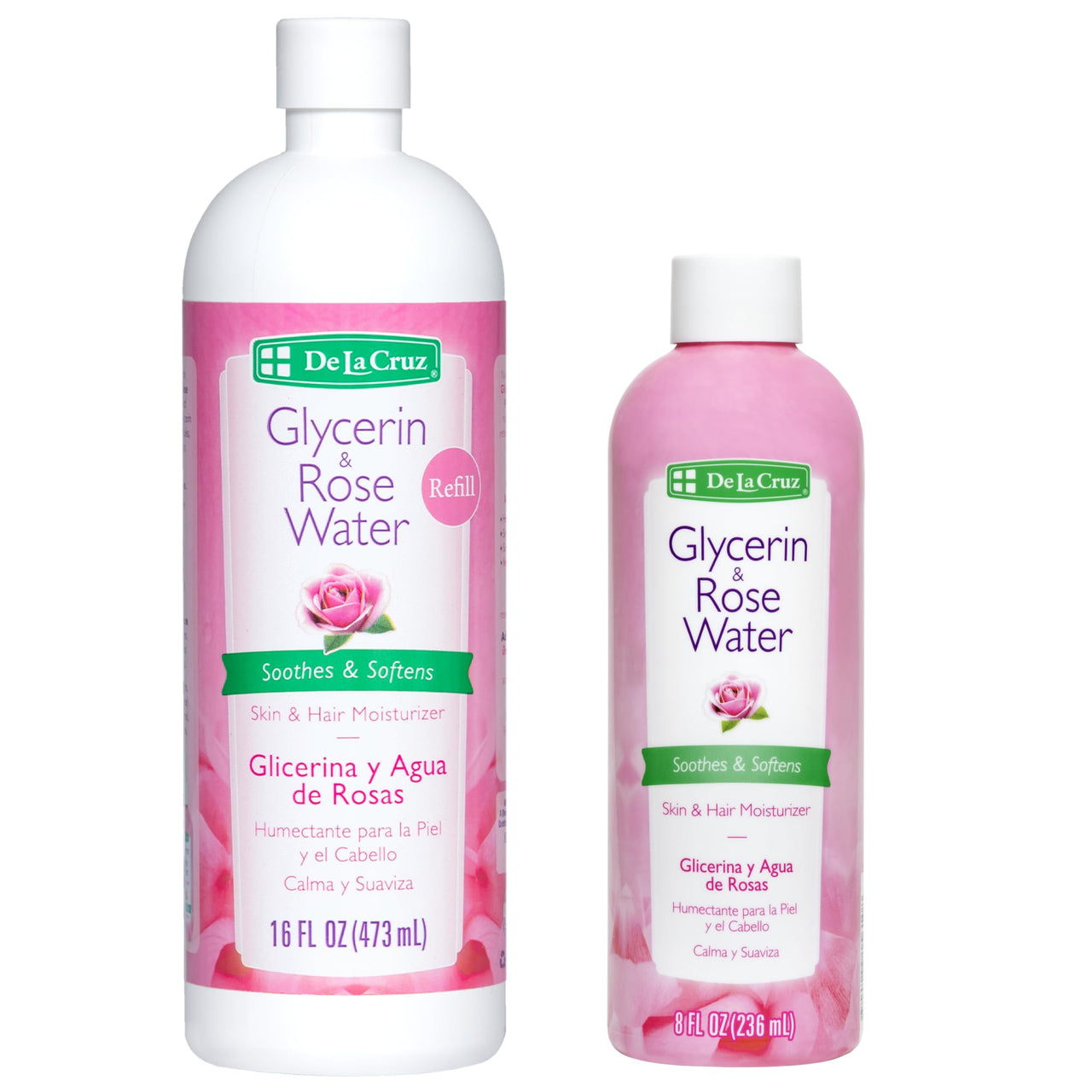 De La Cruz Rose Water and Glycerin for Face Bundle – Rosewater Facial Toner and Moisturizer for Skin and Hair - 8 fl oz + 16 fl oz Refill Bottle