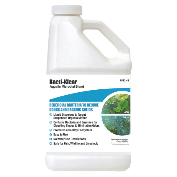 Bacti-Klear Biological Pond Treatment 1 Gallon Liquid Microbial Blend for Muck, Sludge and Odor Removal, Safe for Fish, Wildlife and Pets, Enzyme-Enhanced Bacteria