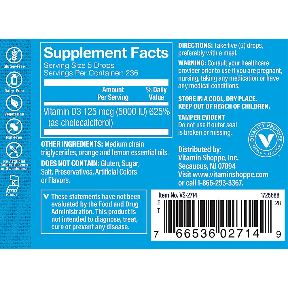 The Vitamin Shoppe Vitamin Liquid D3 5000IU, Supports Bone & Immune Health, Aids in Healthy Cell Growth & Calcium Absorption, Citrus Flavor, 1 Fluid Ounce