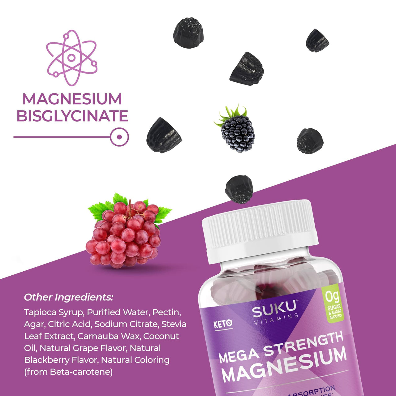 SUKU Vitamins - Mega Strength Magnesium - 177 mg of Magnesium Bisglycinate Gummies for Muscle Function - Easy to Chew - Non GMO, Gluten Sugar Free - Grape BlackBerry Flavored Gummy Vitamins (50 Count)