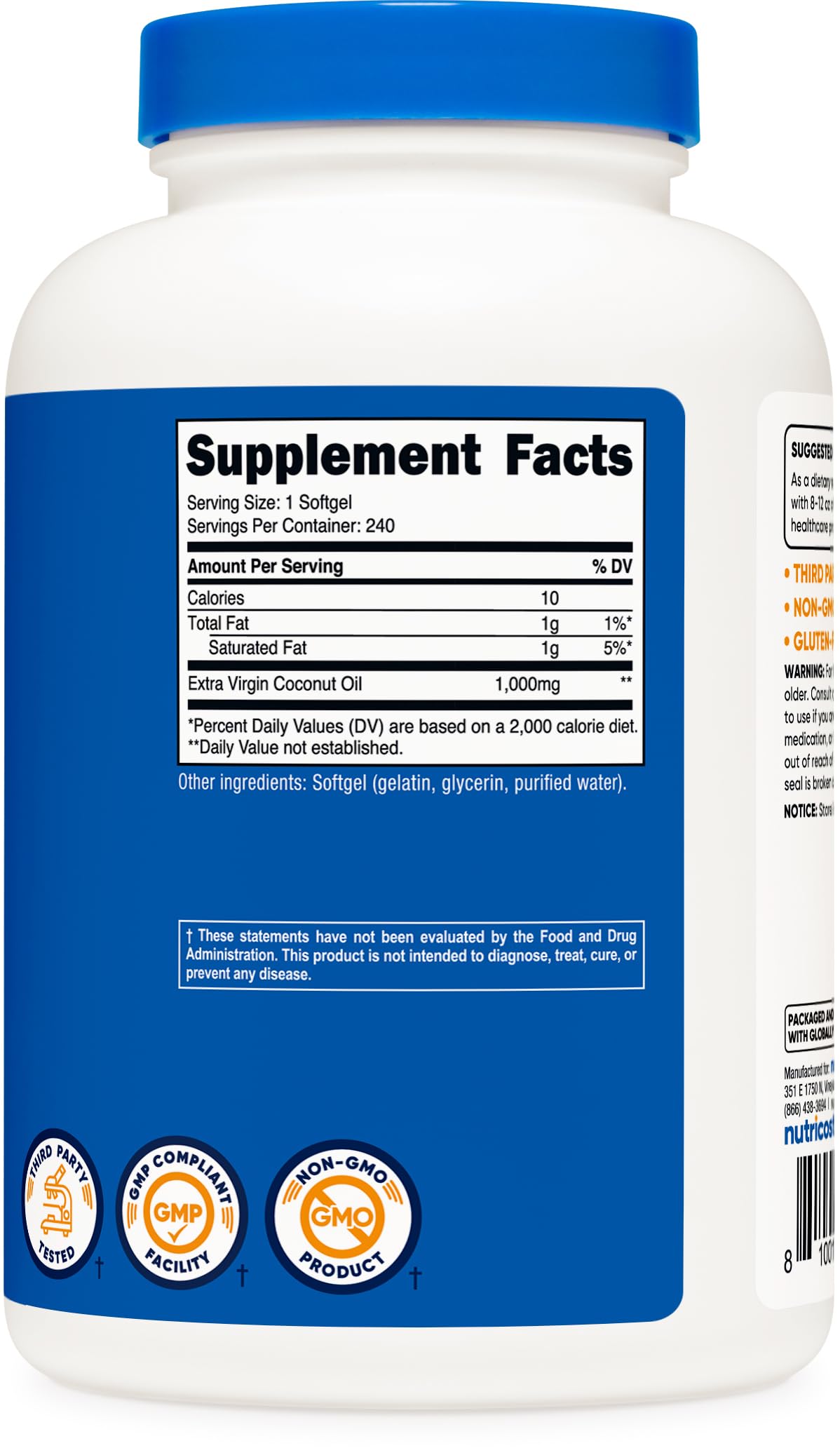 Nutricost Coconut Oil Softgels (1000mg) 240 Softgels - Extra Virgin Coconut Oil - Gluten Free and Non-GMO