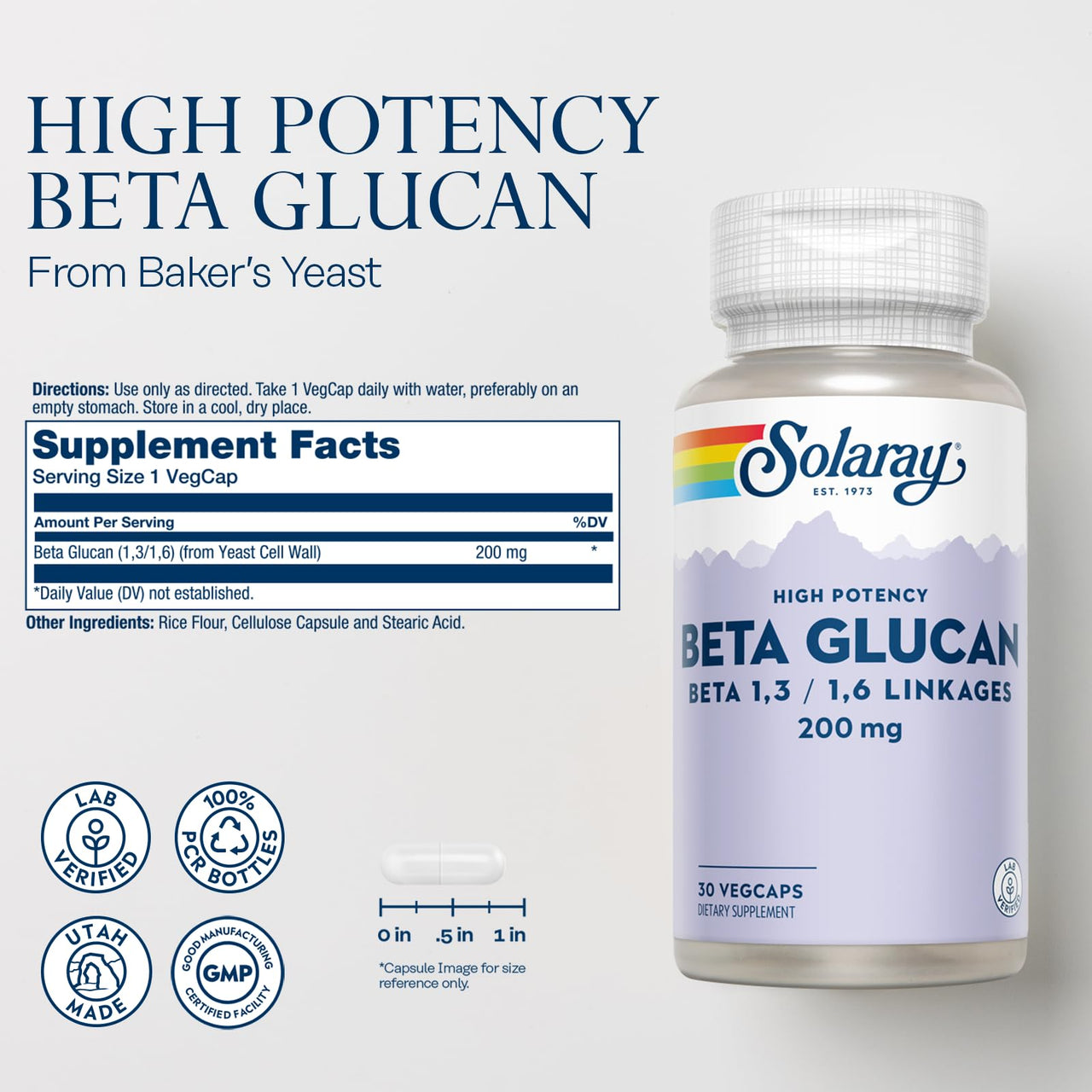 SOLARAY Beta Glucan Supplements - Immune Support - Heart and Digestive Support with Beta Glucan Fiber from Baker's Yeast - High Potency, 60-Day Guarantee - 30 Servings, 30 VegCaps