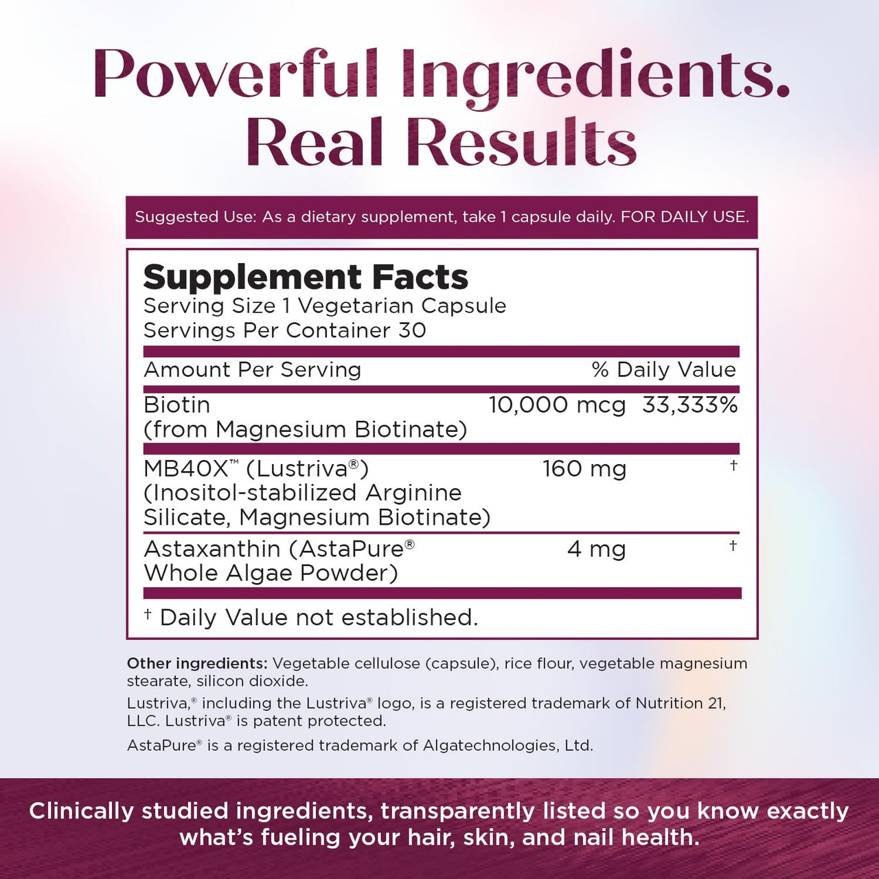 Purity Products MyBiotin ProClinical – Thicker Hair Starting in 3 Weeks & Fights Wrinkles - MB40X Patented Biotin Vitamin B7 Matrix w/Astaxanthin - 40X More Soluble vs Ordinary Biotin, 30 Veg Capsules