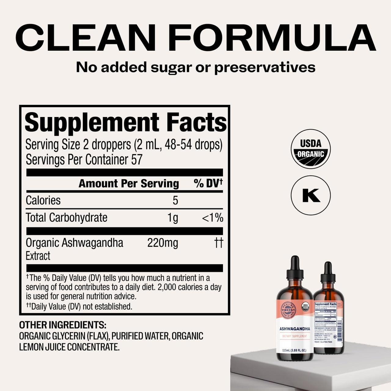Vimergy USDA Organic Ashwagandha Liquid Extract – 57 2mL (2 Droppers or 48-54 Drops) Servings (220mg Extract per Serving). Stress Adaptogen, Cognitive & Sleep Support. Alcohol-Free, Non-GMO (115 mL)