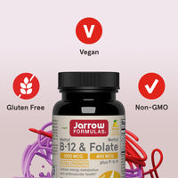 Thumbnail for Jarrow Formulas Methyl B-12 & Methyl Folate, Bioactive Vitamin B9 & Vitamin B12 Supplement, Supports Cellular Energy Production, Healthy Brain Function & Metabolism, 100 Chewable Tablets, 100 Servings