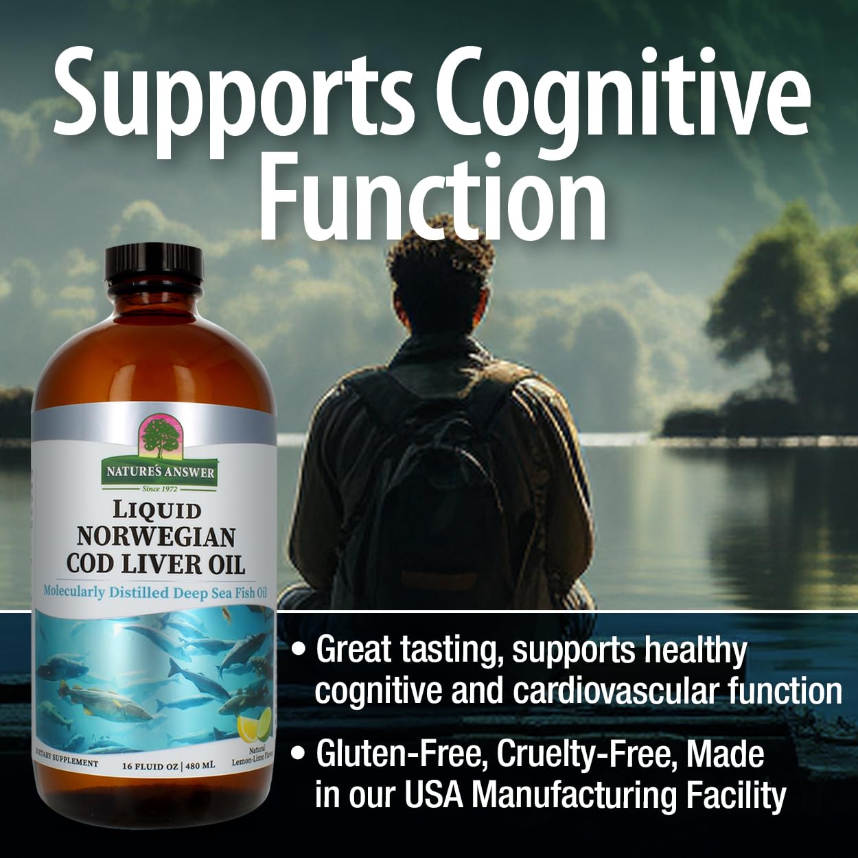 Nature's Answer Cod Liver Oil Liquid Supplement, 16-Fluid Ounces | Promotes a Healthy Heart & Brain | Cognitive and Cardiovascular Support | Great Tasting (Pack of 1)