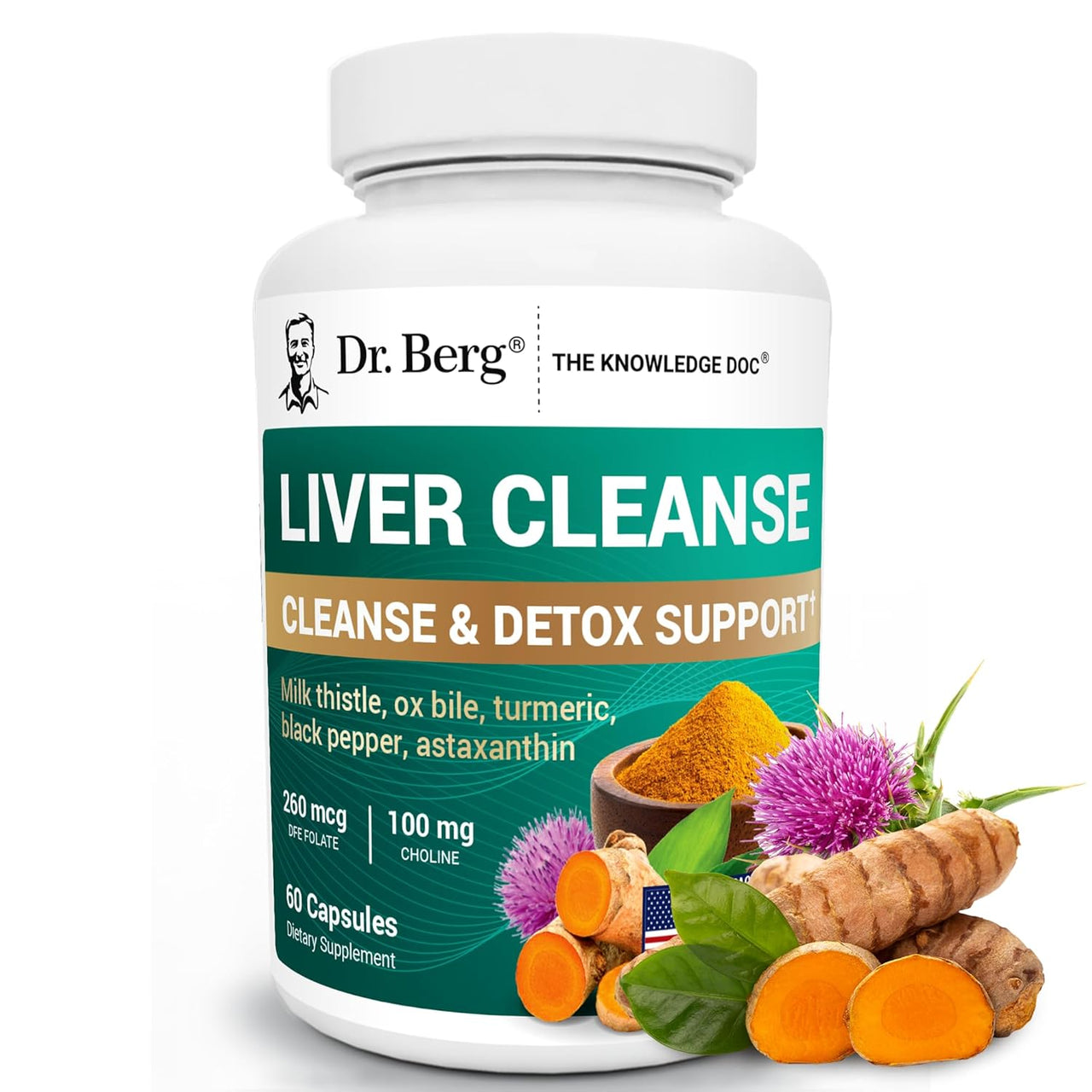 Dr. Berg Liver Cleanse Detox Capsules w/Unique Blend of Milk Thistle, Ox Bile & Folate - Liver Supplement Includes Turmeric, Black Pepper & Choline - 60 Capsules