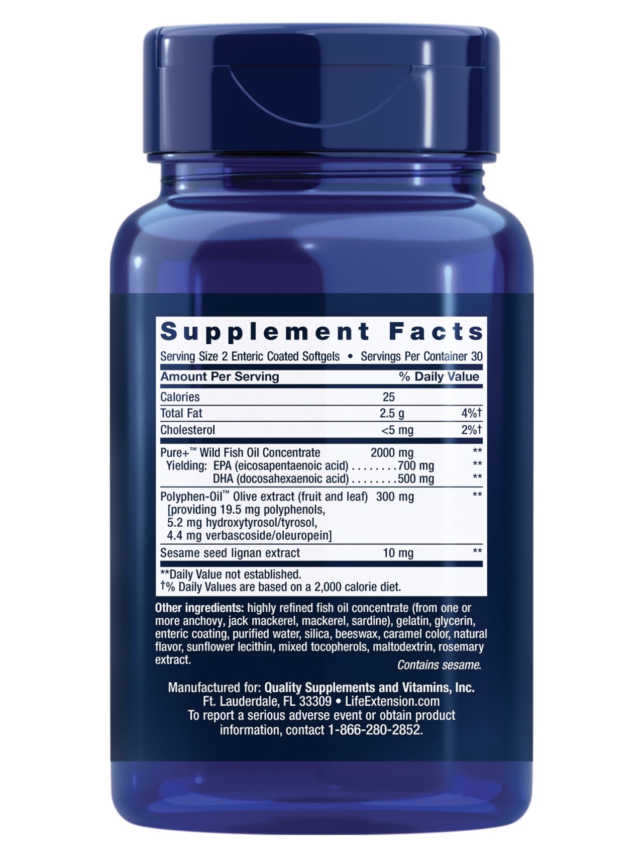 Life Extension Super Omega-3 EPA/DHA Fish Oil, Sesame Lignans & Olive Extract – Heart Health, Brain Health, Inflammation Health Support, Gluten-Free, Enteric-Coated, Non-GMO, 60 Softgels