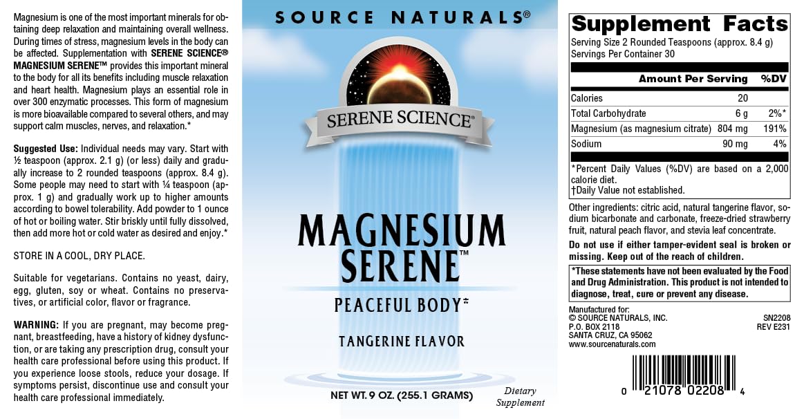 Source Naturals Serene Science Magnesium Serene, Peaceful Body*, Tangerine Flavored - 9 Ounce Powder