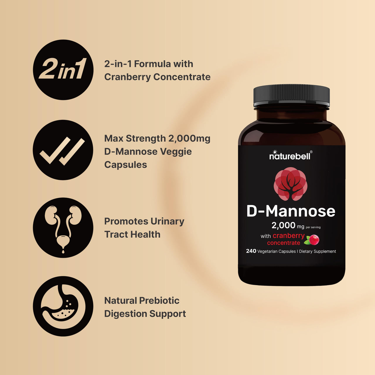 NatureBell D-Mannose 500mg Capsules (2,000mg Per Serving) | 240 Veggie Capsules + Cranberry Concentrate 40mg – Fast Acting Urinary Tract Health Pills – Ultra UTI Support for Women & Men