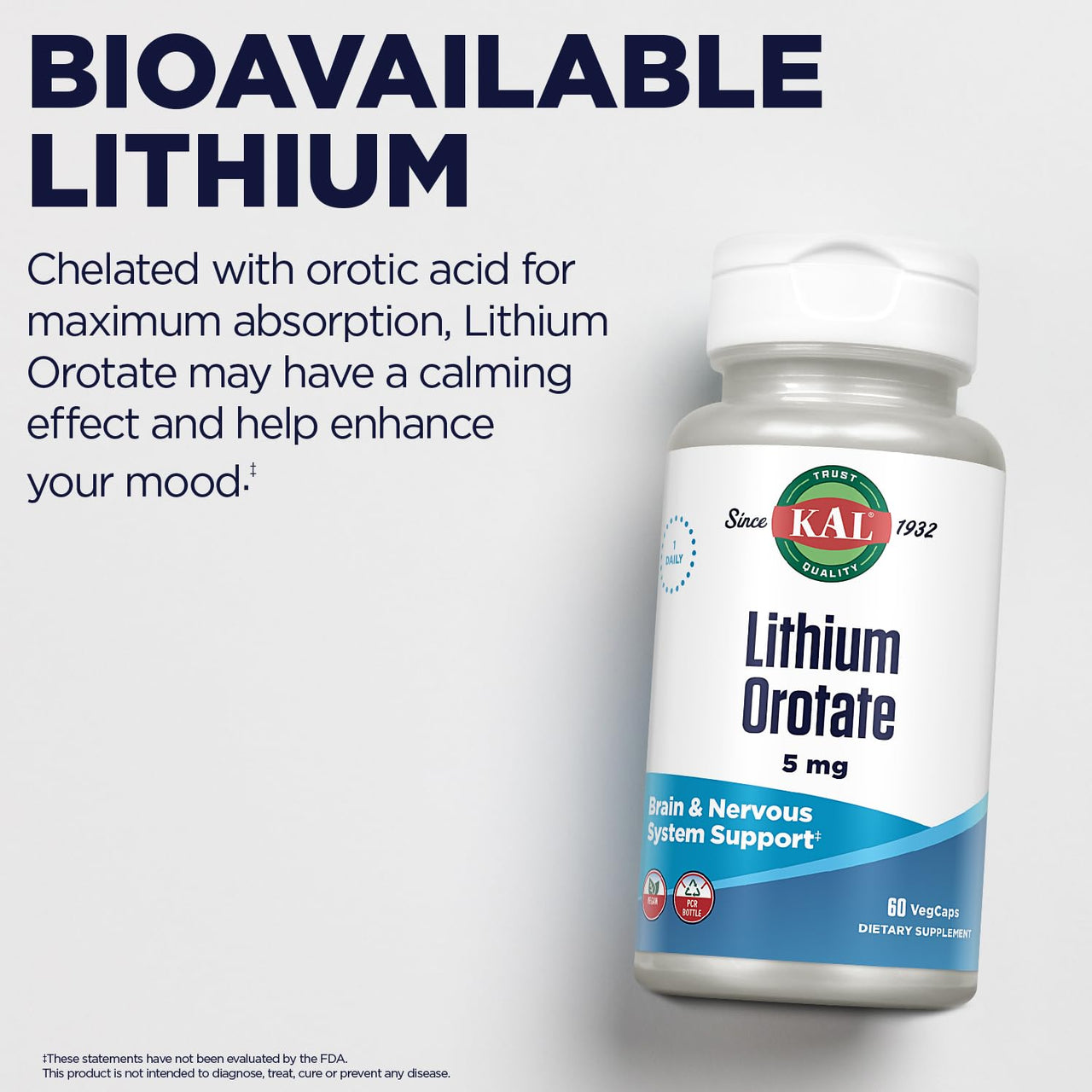 KAL Lithium Orotate 5mg | Low Serving of Chelated Lithium Orotate for Bioavailability & Mood Support | in Organic Rice Bran Extract Base | 60 VegCaps