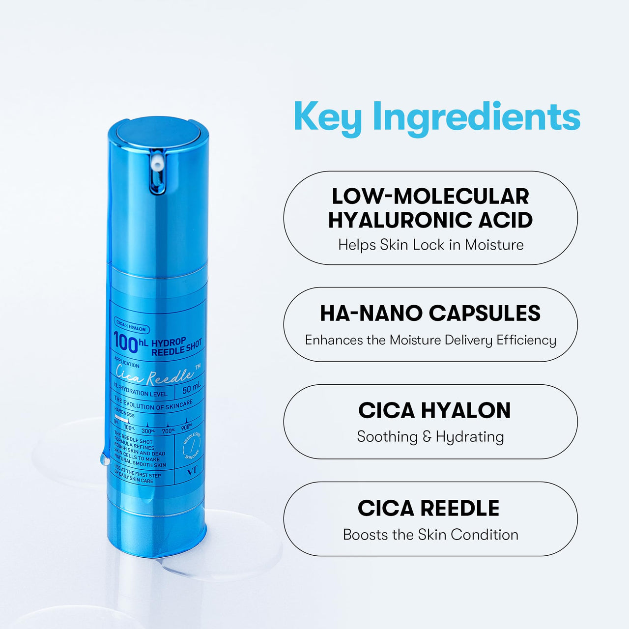 VT COSMETICS Hydrop Reedle Shot 100 Serum with Hyaluronic Acid & Hydrating Exosome Microneedling Formula, Korean Skin Booster, 1.69 fl oz(50ml)