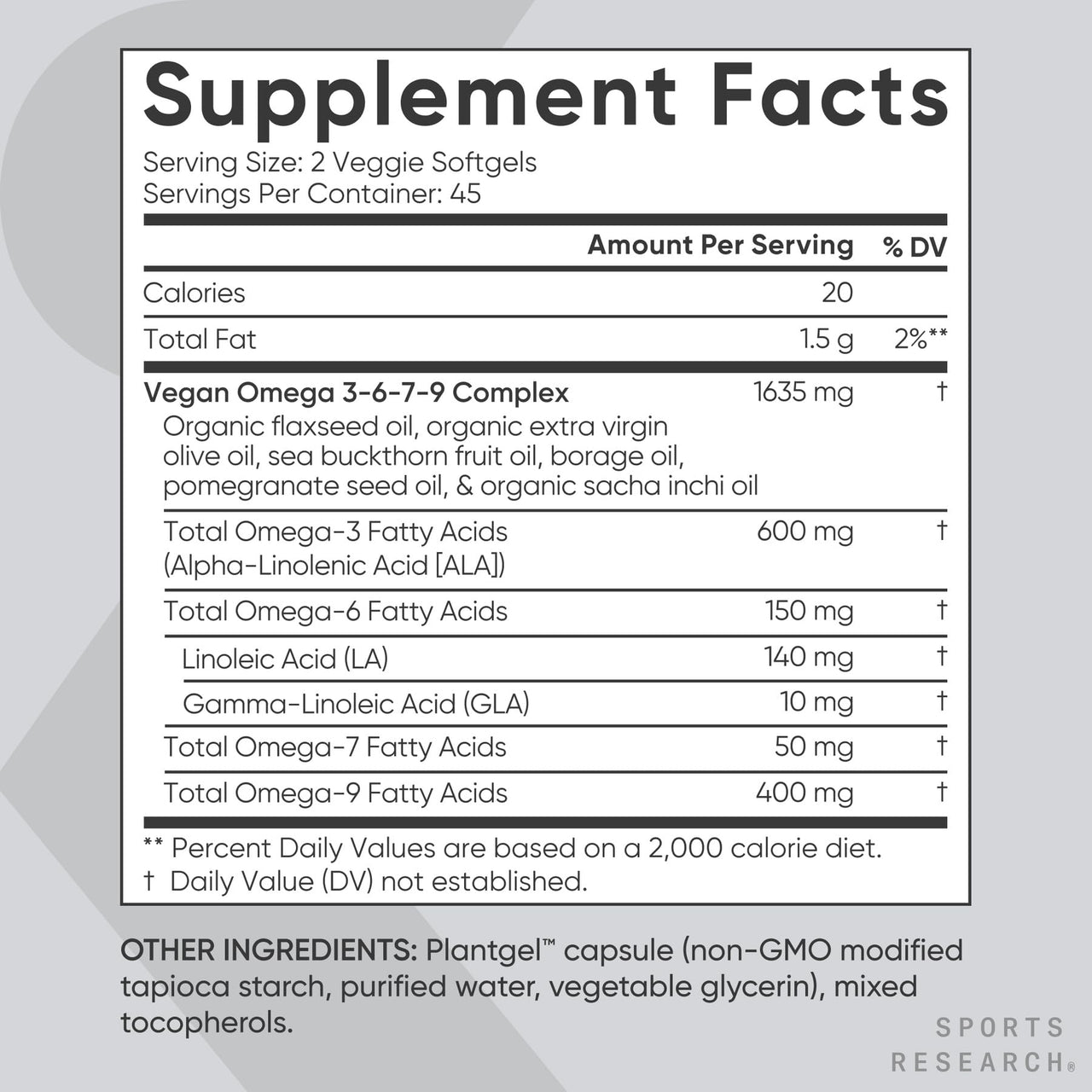 Sports Research® Vegan Omega 3-6-7-9 - 1200 mg of Multi-Spectrum Omega Fatty Acids Certified Non-GMO Formula with Sea Buckthorn & Borage Oil - 90 Veggie Softgels