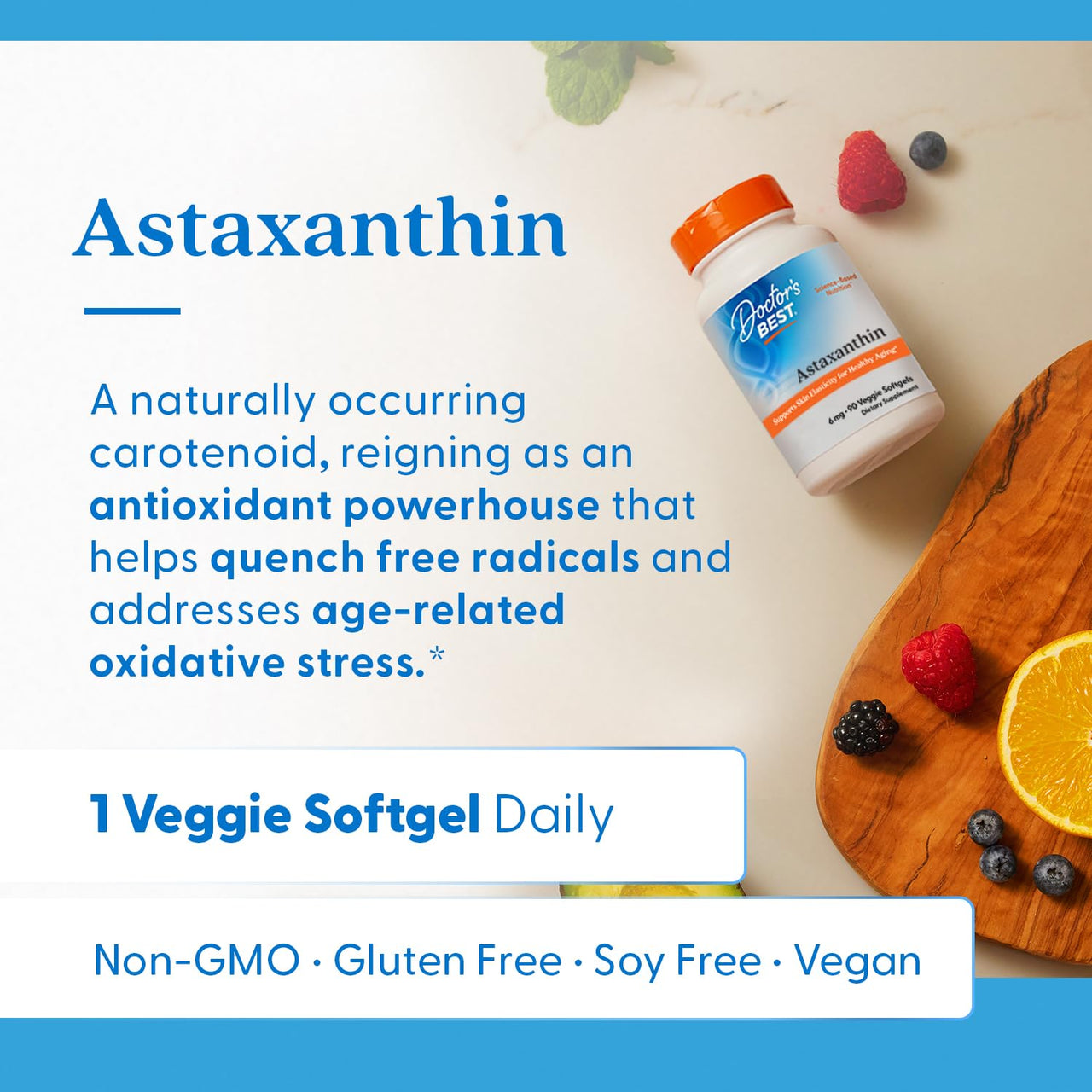 Doctor's Best Astaxanthin Vegan Supplement 6 mg - Skin Elasticity & Antioxidant Support for Men & Women, Extract from Haematococcus Pluvialis Microalgae, Non GMO, Gluten Free - 90 Veggie Softgels