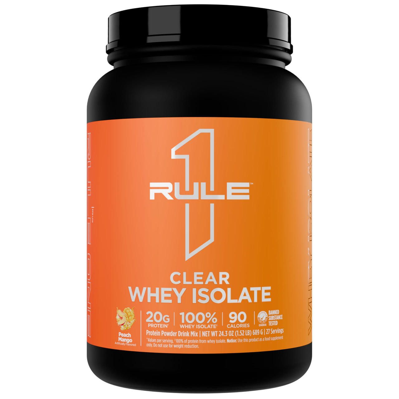 Rule 1 Proteins Clear Whey Isolate - 20g All-Whey Isolate Protein Mix, Over 9g EAAs, 90 Calories, Zero Sugar, Easy to Digest, Light, Crisp, and Refreshing Taste (27 Servings, Peach Mango)