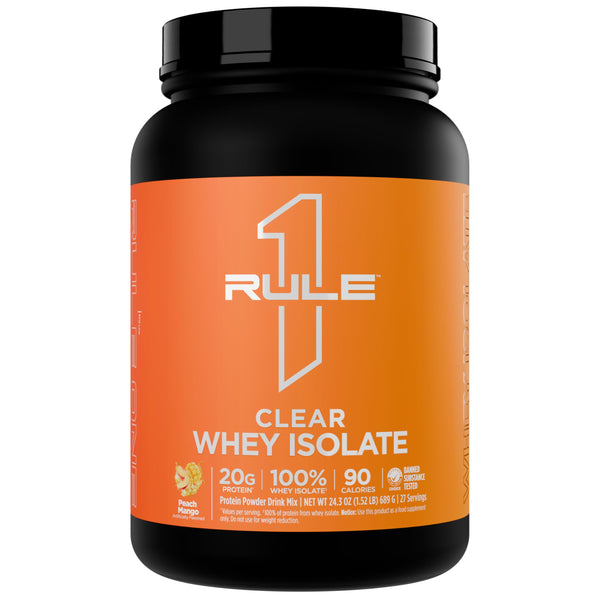 Rule 1 Proteins Clear Whey Isolate - 20g All-Whey Isolate Protein Mix, Over 9g EAAs, 90 Calories, Zero Sugar, Easy to Digest, Light, Crisp, and Refreshing Taste (27 Servings, Peach Mango)