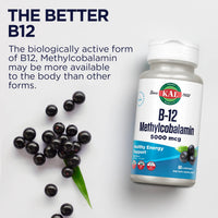 Thumbnail for KAL Vitamin B-12 Methylcobalamin Lozenges 5000mcg, Healthy Energy, Metabolism, Nerve & Red Blood Cell Support,* Optimal Absorption, Natural Acai Flavor, Vegan, Sugar Free, 60 Servings, 60 Lozenges