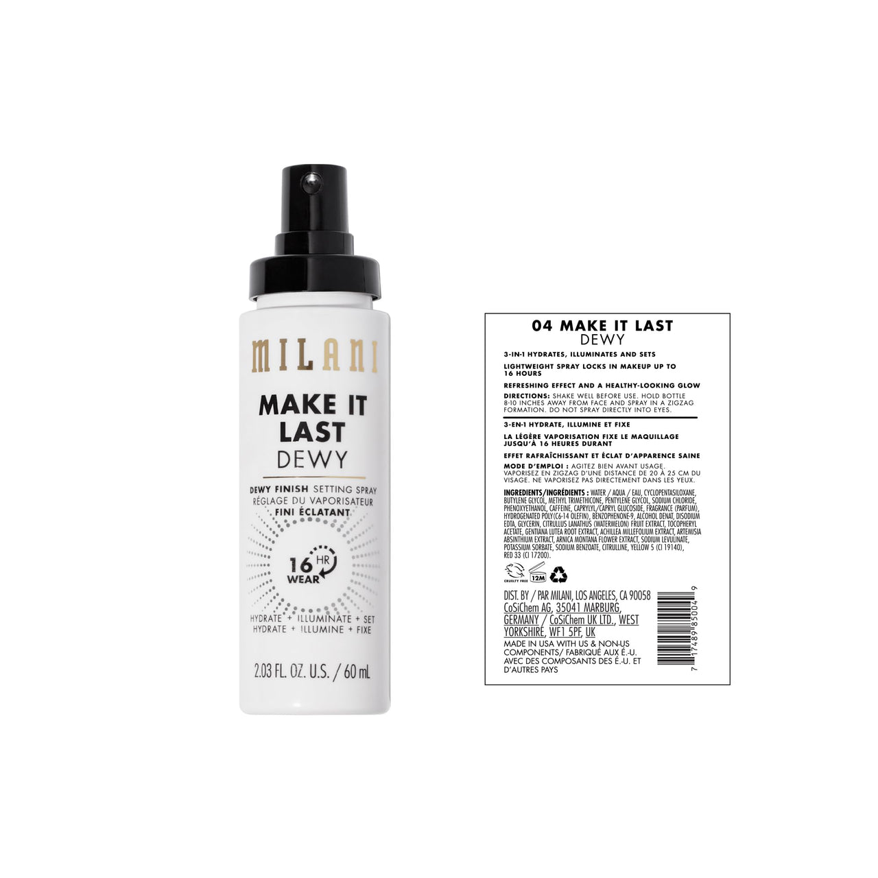 Milani Setting Spray + Primer, Make It Last Dewy - Dewy Finish Moisturizing Formula for Glow on the Go, Setting Spray for Makeup and Face Primer, Prime + Set + Hydrate, 2.03 Fl. Oz
