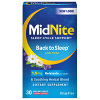 Thumbnail for MidNite Back to Sleep Low Dose, 1.5 mg Melatonin Sleep Aid, Non-Habit Forming, Herbal Dietary Supplement for Adults, Drug-Free, Gluten-Free, Lactose-Free, Vegetarian, Vegan, 30 Quick Melt Tablets
