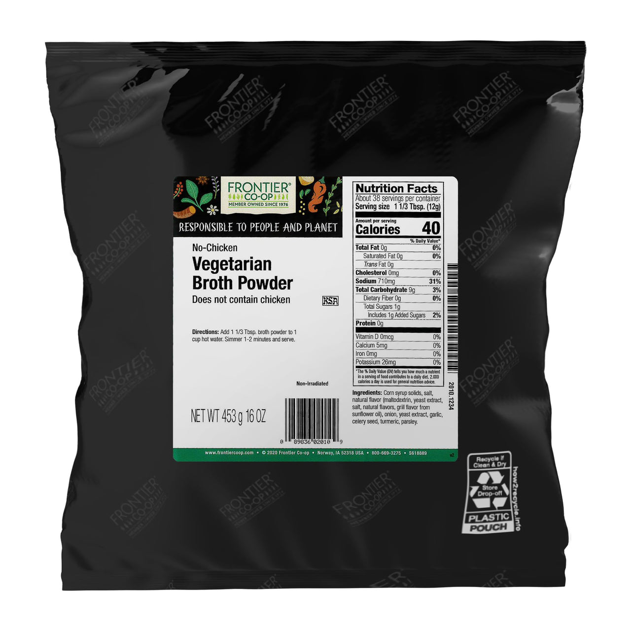 Frontier Co-op Vegetarian Broth Powder, 1lb - Vegan, No-Chicken, Veggie Alternative to Bouillon Powder - Bulk Bag, Shaker Refill, Restaurant Supply